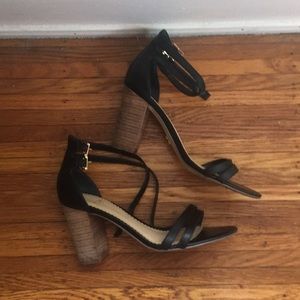 C. Wonder black strappy wood sandal heels